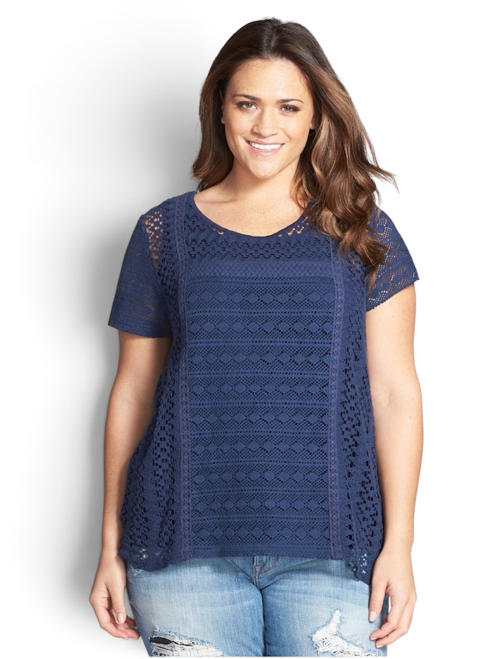 NWT Lucky Brand Navy Crochet Short Sleeve Scoop Neck Top Size 3X